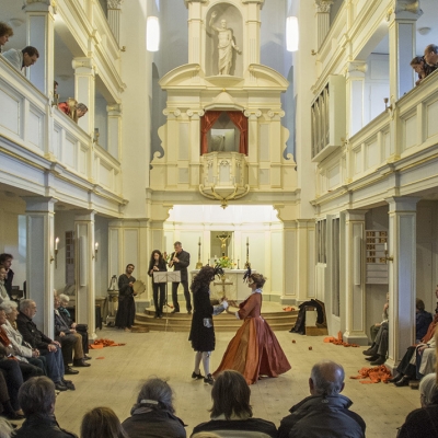 Klang und Raum - Bewegte Musik. Erica Rombaldoni & Bernd Niedecken - Barocktanz. Matthias Weilenmann, Katharina Lugmayr - Blockflöte; Paolo Rossetti - Percussion - Foto: Guido Werner